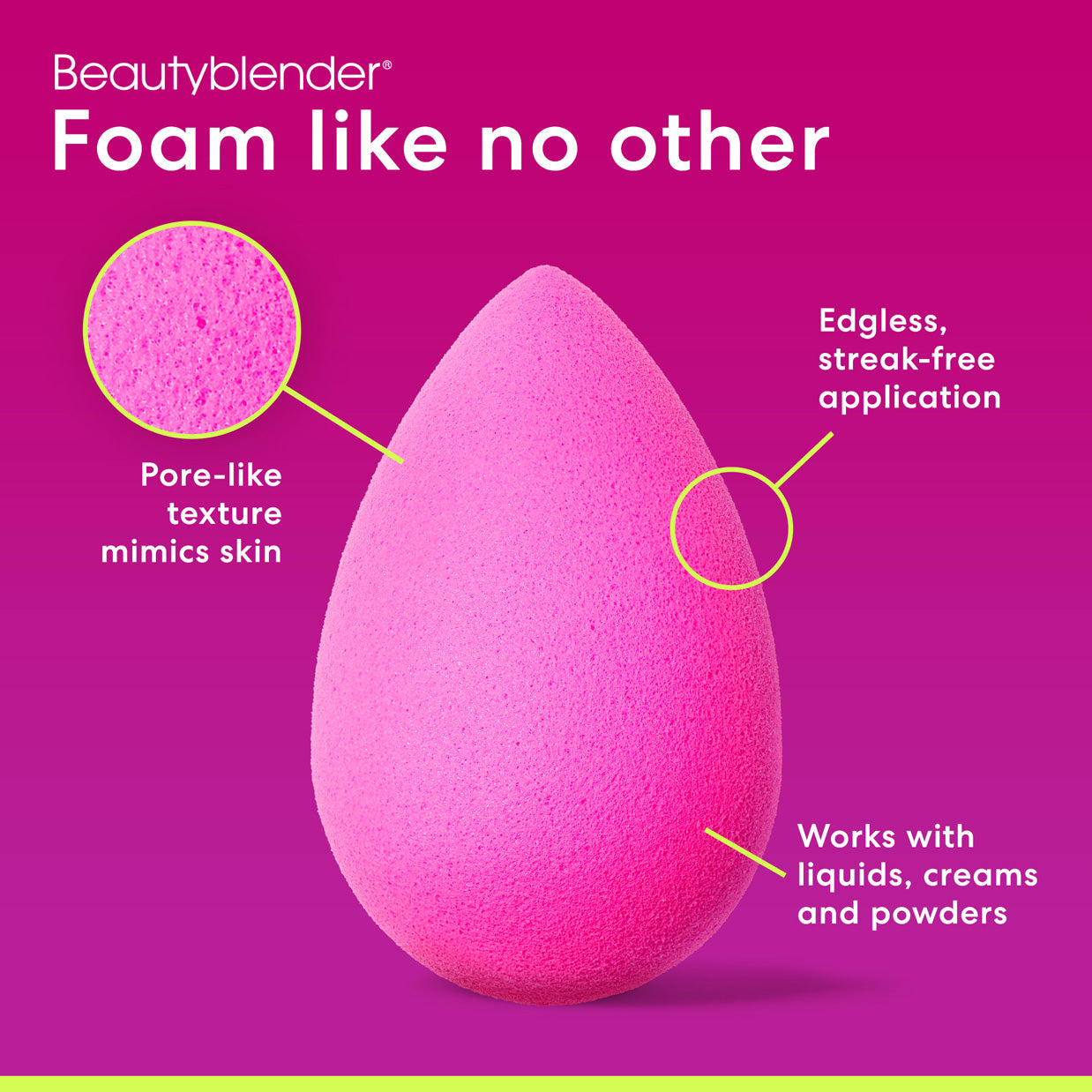 Beautyblender®. Foam like no other. Pore-like texture mimics skin. Edgless, streak-free application. Works with liquids, creams and powders.