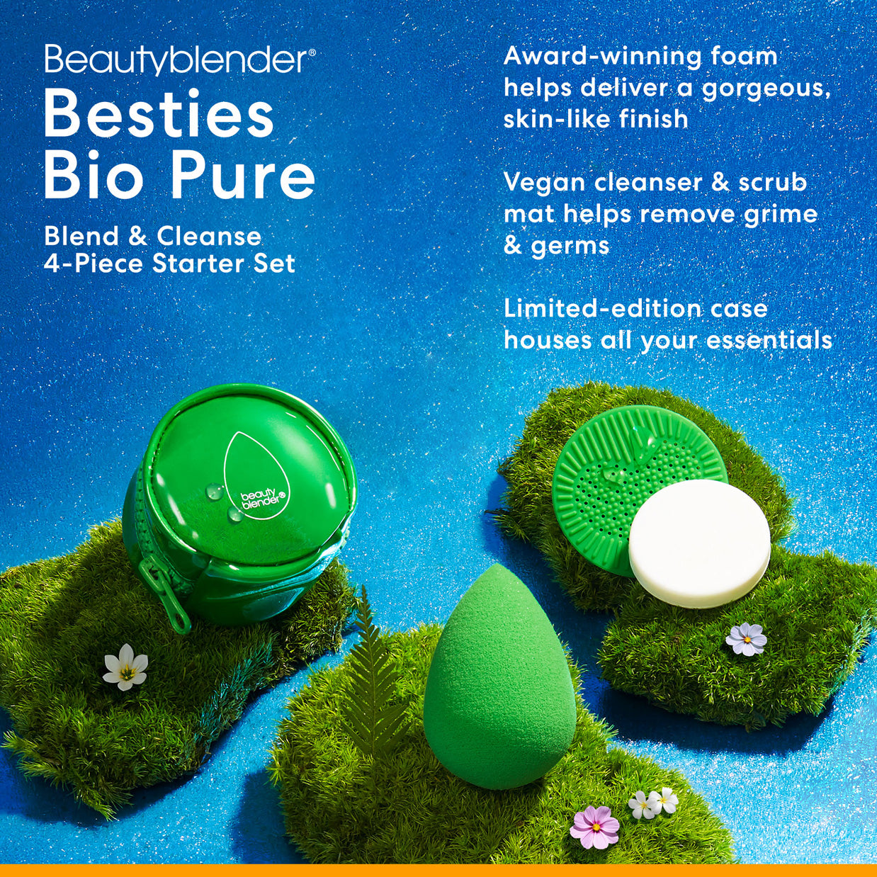 Beautyblender®. Besties Bio Pure. Blend & Cleanse 4-Piece Starter Set. Award-winning foam helps deliver a gorgeous, skin-like finish. Vegan cleanser & scrub mat helps remove grime & germs. Limited-edition case houses all your essentials.