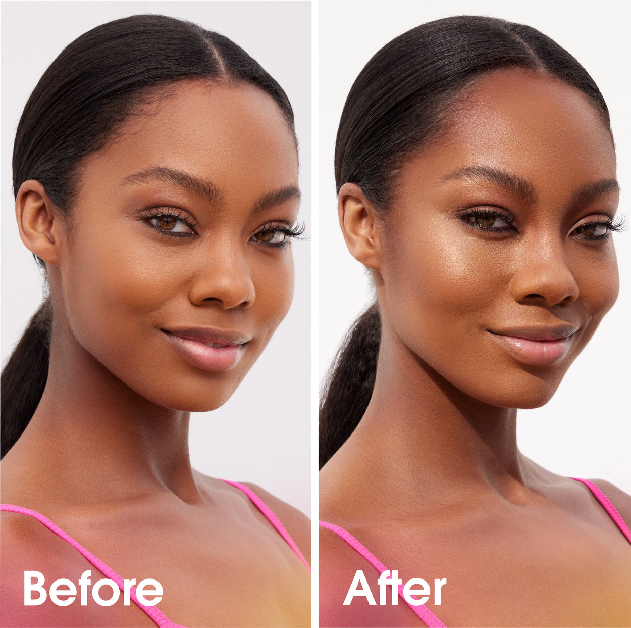 deep-bronze-chocolatebronzer-highlighter-duo-model-before-and-after-application-of-bounce™-magic-fit-creamy-bronzer-highlighter-duo-showing-a-boost-in-the-skins-glow
