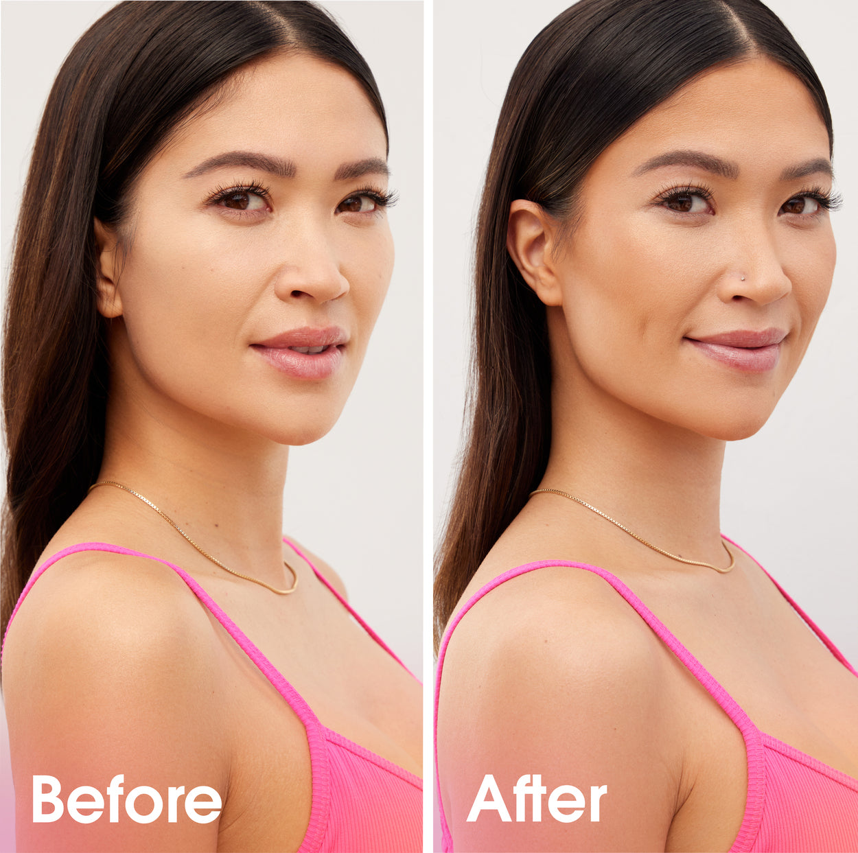 champagne-topazbronzer-highlighter-duo-model-before-and-after-application-of-bounce™-magic-fit-creamy-bronzer-highlighter-duo-showing-a-boost-in-the-skins-glow