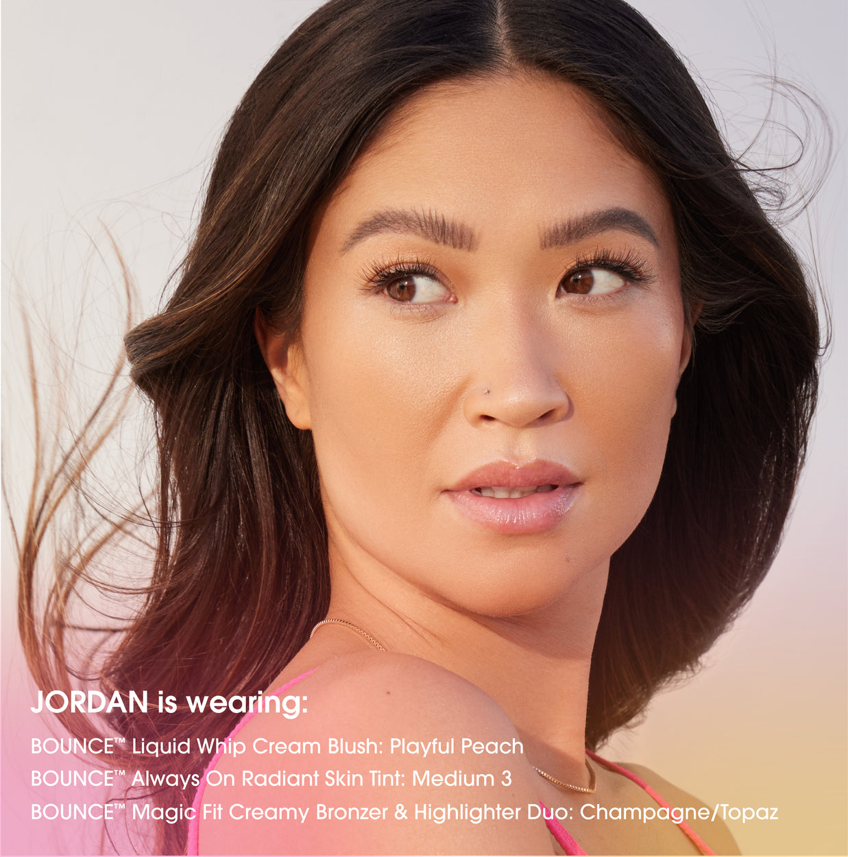 champagne-topazbronzer-highlighter-jordan-is-wearing-bounce™-liquid-whip-cream-blush-playful-peach-bounce™-always-on-radiant-skin-tint-medium-3-bounce™-magic-fit-creamy-bronzer-highlighter-duo-champagne-topaz