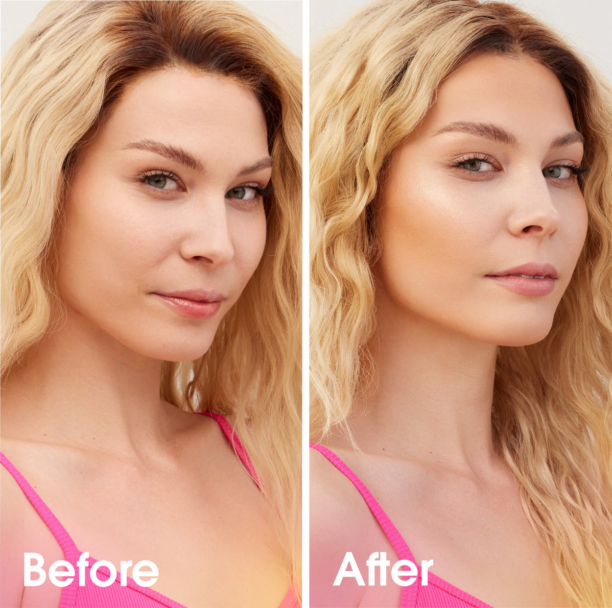 pearl-buffhighlighter-makeup-model-before-and-after-application-of-bounce™-magic-fit-creamy-bronzer-highlighter-duo-showing-a-boost-in-the-skins-glow
