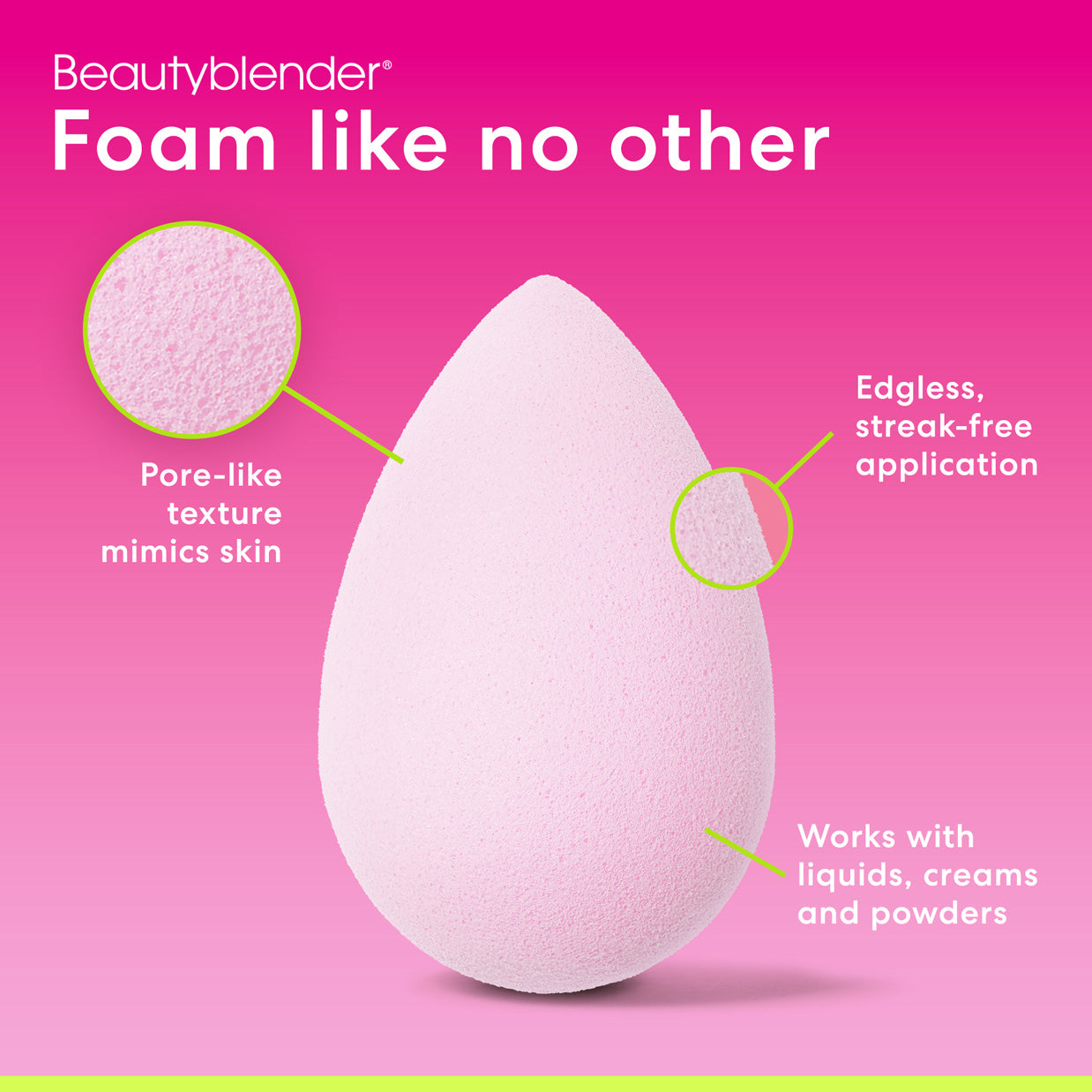 Beautyblender®. Foam like no other. Pore-like texture mimics skin. Edgless, streak-free application. Works with liquids, creams and powders.