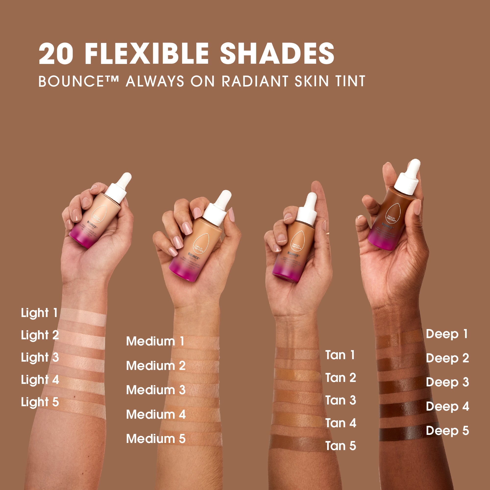 tan-1beauty-blender-bounce-skin-tint-20-flexible-shades-bounce™-always-on-radiant-skin-tint-color-comparison-between-4-different-skin-tones-from-lightest-to-darkest-light-1-5-medium-1-5-tan-1-5-deep-1-5